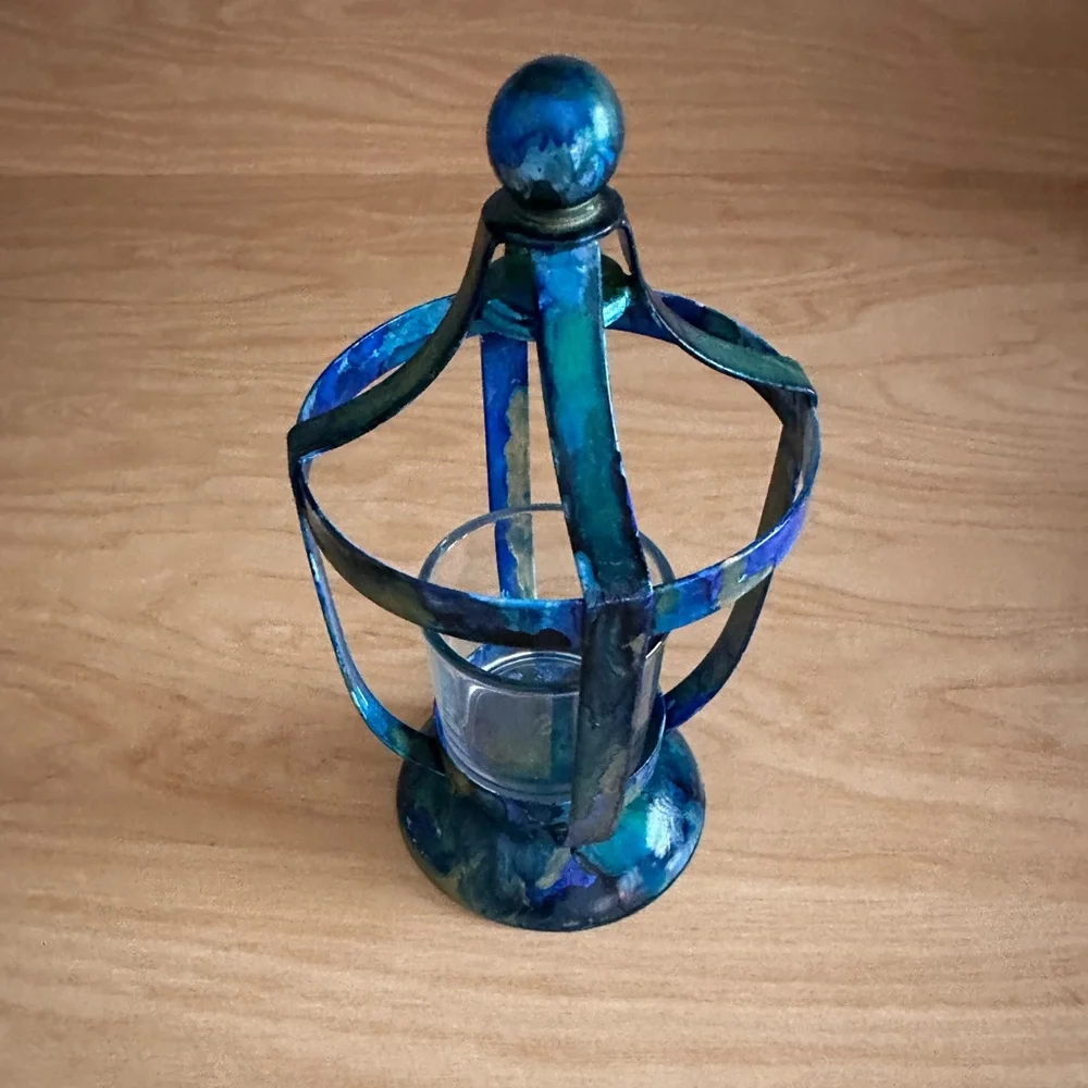 Handcrafted blue metal lantern votive holder with glass cup decorative accent